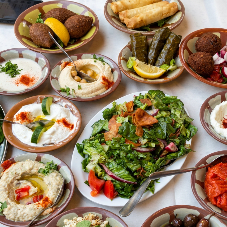 Mediterranean mezze spread featuring hummus, falafel, stuffed grape leaves, salads, olives, dips, pastries, and fresh lettuce.