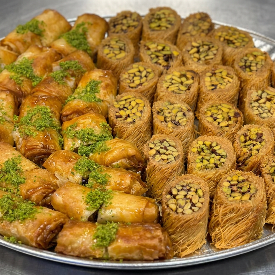 Large platter of golden Middle Eastern pastries, including pistachio-topped baklava and shredded phyllo rolls, arranged on a metal tray.