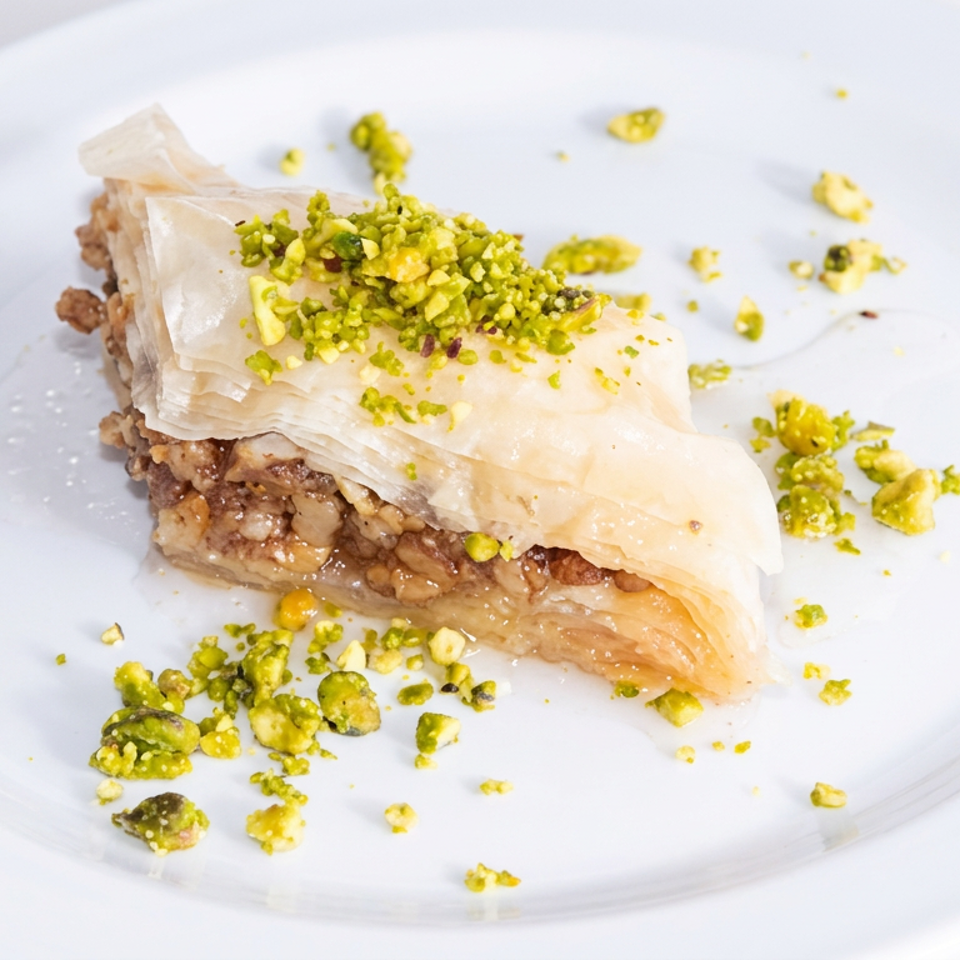 Slice of flaky baklava topped with chopped pistachios on a white plate.