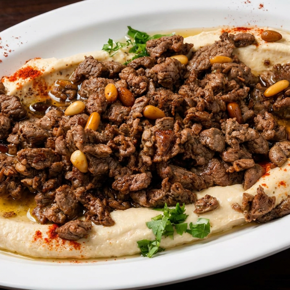 Hummus topped with seasoned ground beef, pine nuts, olive oil, paprika, and fresh parsley on a white platter.